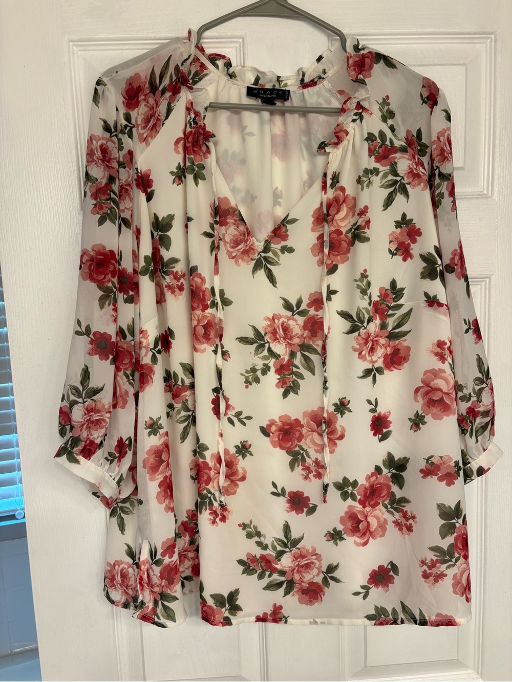 Grace Floral Split V-Neck Blouse - White with Red Rose Print